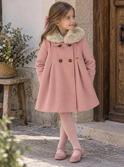 Abrigo de paño rosa para niña con cuello de pelo desmontable Abrigo de paño rosa para niña con cuello de pelo desmontable