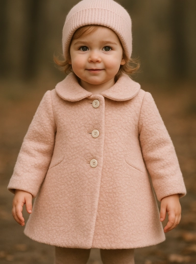 Abrigo para niña en paño de lana cocida rosa empolvado Abrigo para niña en paño de lana cocida rosa empolvado
