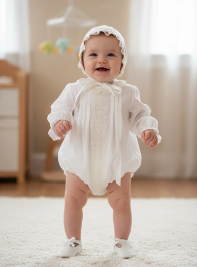 Alba collection linen romper and bonnet set