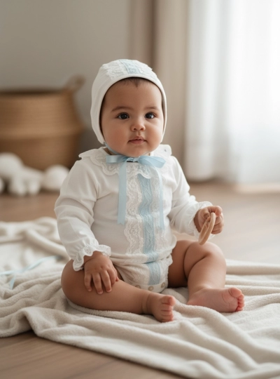 Baby boy romper and bonnet set in white and light blue organdy Baby boy romper and bonnet set in white and light blue organdy