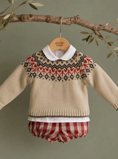 Baby boy three-piece set: knitted sweater, blouse and bloomers, Burgundy collection Baby boy three-piece set: knitted sweater, blouse and bloomers, Burgundy collection
