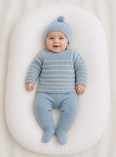 Baby boy's knitted outfit with blue hat Baby boy's knitted outfit with blue hat