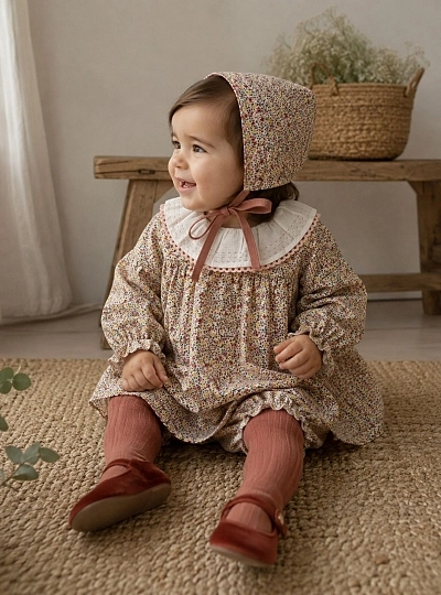 Baby girl outfit, bonnet and bloomers, Cascabel Collection Baby girl outfit, bonnet and bloomers, Cascabel Collection