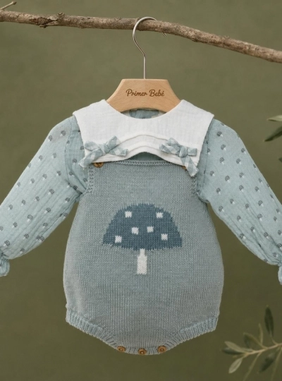 Baby girl set: knitted romper and cotton blouse, Forest collection
