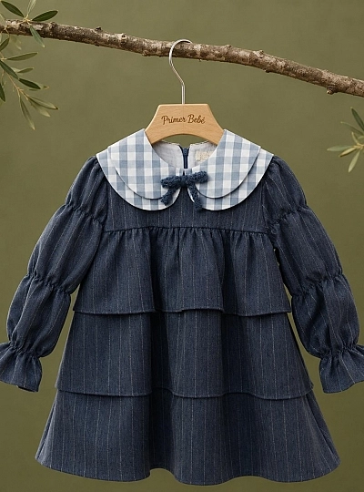 Baby girl's blue dress with plaid collar | Nieves Collection Baby girl's blue dress with plaid collar | Nieves Collection