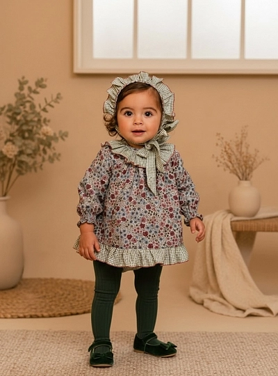 Baby girl's outfit including bonnet and bloomers - Liberty Collection Mauve Baby girl's outfit including bonnet and bloomers - Liberty Collection Mauve