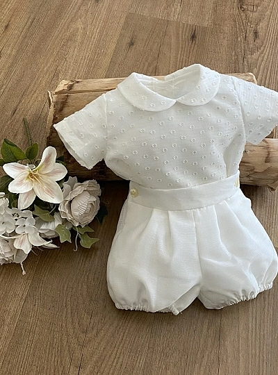 Beige muslin blouse and bloomers set.