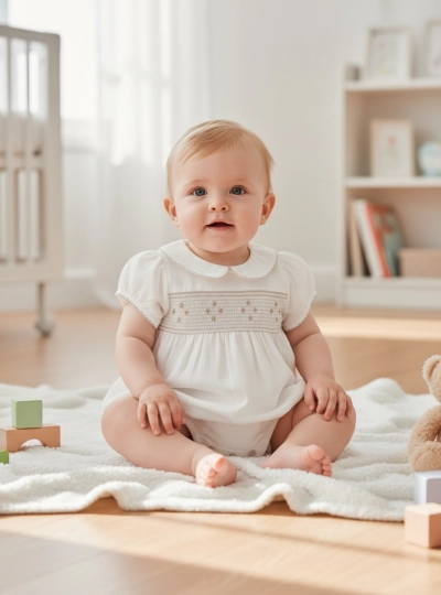 Beige romper for boys with smocking from the Quebec collection Beige romper for boys with smocking from the Quebec collection