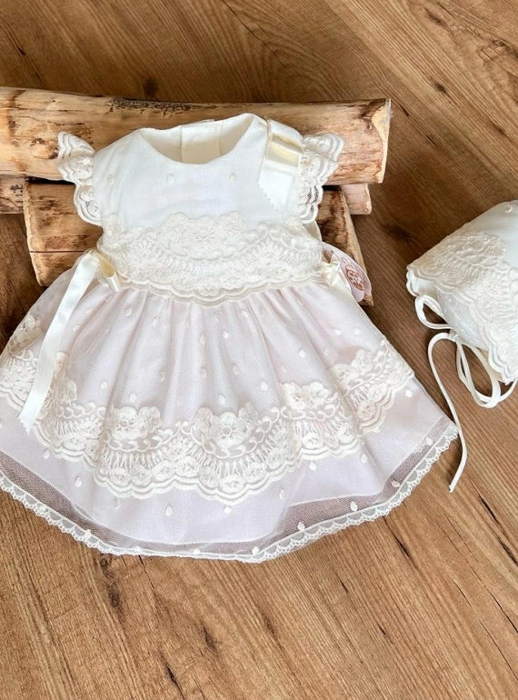 Beige tulle dress and bonnet set with pale pink