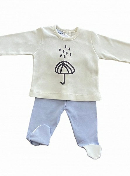 Blue and beige boy's outfit, Umbrella print.
