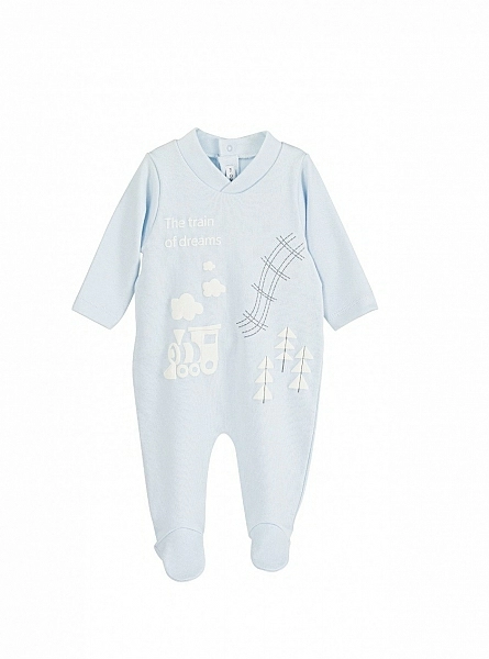 Blue pajamas or onesie with trains and clouds. very sweet