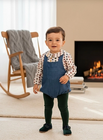 Boy's denim overalls and blouse set, Parchis Collection Boy's denim overalls and blouse set, Parchis Collection
