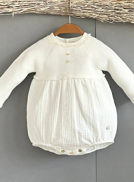Boy's romper in ivory knit and fabric