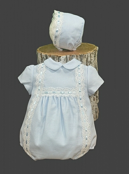 Boy's set of light blue and white piqué romper and hood