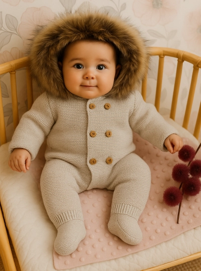 Buzo unisex en punto gordito. Capucha de pelo natural Buzo unisex en punto gordito. Capucha de pelo natural