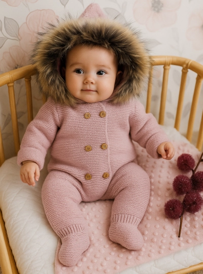 Buzo unisex en punto gordito. Capucha de pelo natural Buzo unisex en punto gordito. Capucha de pelo natural