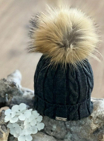 Cable knit and ribbed hat with pompom