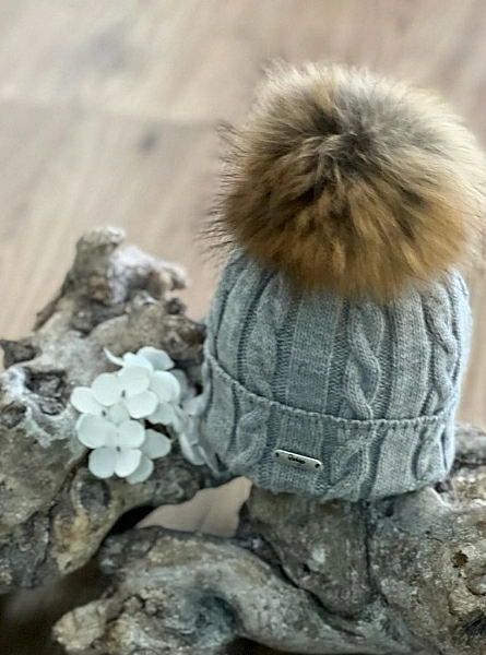 Cable knit and ribbed hat with pompom