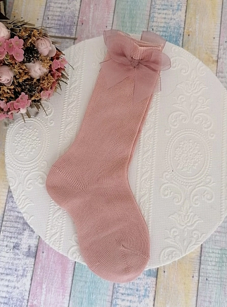 Calza de hilo fino con lazo de Organza color rosa palo