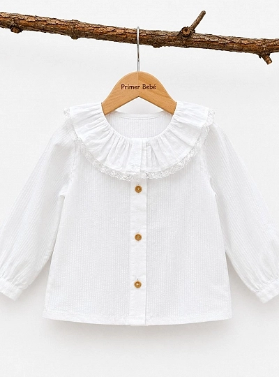 Camisa blanca de rayas con cuello volante para niña Camisa blanca de rayas con cuello volante para niña