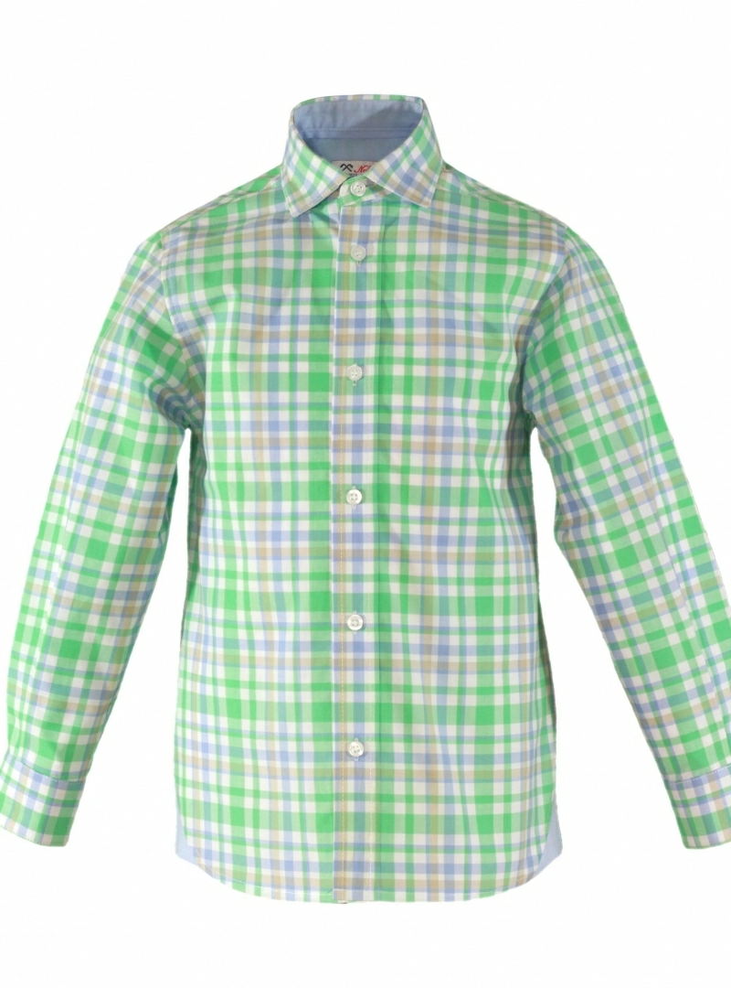 Camisa para niño de cuadros en verde, azul y camel.