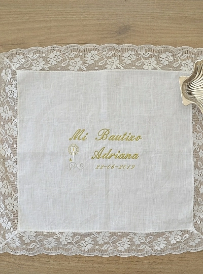 Cava or towel of Baptism color champagne. Personalized