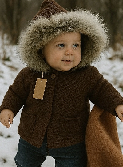 Chaquetón en punto con capucha de pelo natural. Colección Pastelito de Lolittos