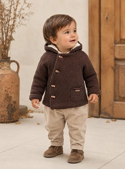 Chocolate-Colored Knitted Duffle Coat with Fleece Lining