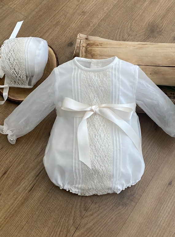 Christening outfit in long marl. Romper and hood