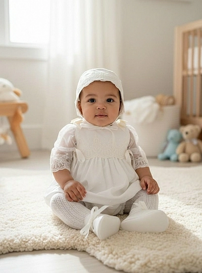 Christening romper and bonnet set from the Fantasy collection Christening romper and bonnet set from the Fantasy collection