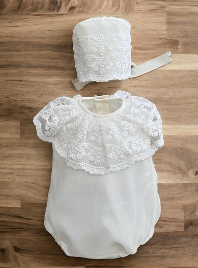 Christening special organza romper and bonnet. gardenia model