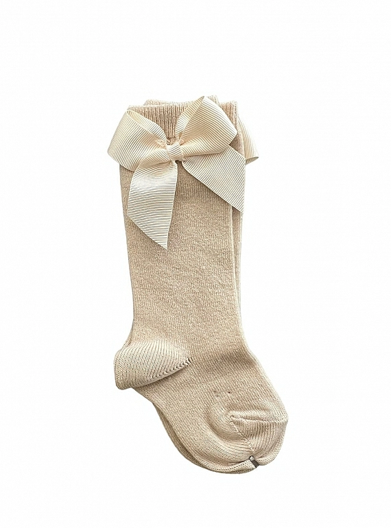 Condor brand high sock or tights, plain knit with bow. Color 304 linen