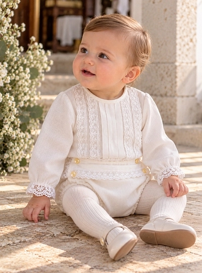 Conjunto Bautizo Bebé Organza Crudo Perla Manga Larga