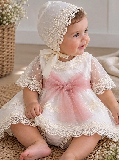 Conjunto bautizo niña 3 piezas Colección Valentina Conjunto bautizo niña 3 piezas Colección Valentina