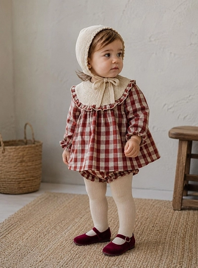 Conjunto bebé niña tres piezas blusa de cuadros, braguita y capota colección Guinda Conjunto bebé niña tres piezas blusa de cuadros, braguita y capota colección Guinda