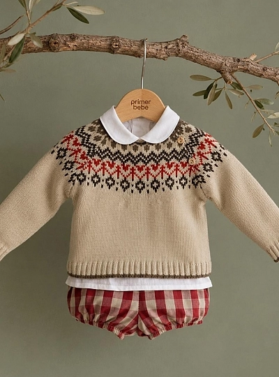 Conjunto bebé niño tres piezas jersey de punto, blusa y bombacho colección Guinda Conjunto bebé niño tres piezas jersey de punto, blusa y bombacho colección Guinda