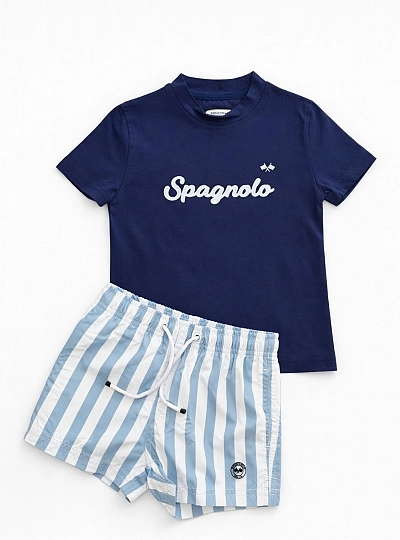 Conjunto camiseta marino y bañador de rayas