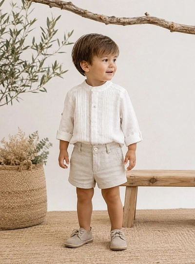 Conjunto de camisa y pantalón para niño de bautizo y vestir en lino beige y arena