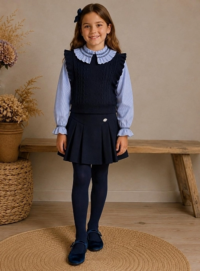 Conjunto niña 3 piezas blusa, falda y chaleco azul marino Conjunto niña 3 piezas blusa, falda y chaleco azul marino