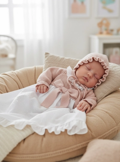 Conjunto para niña Faldón y capota en blanco y rosa palo