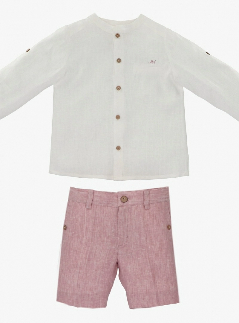 Conjunto para nino camisa y pantalon beige con Rosa empolvado Primer Bebe