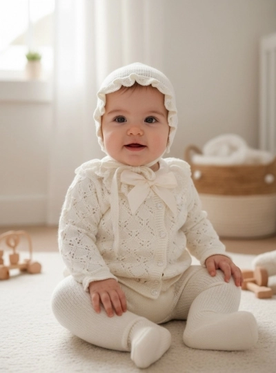 Conjunto unisex color beige en punto de verano Conjunto unisex color beige en punto de verano