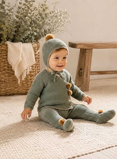 Conjunto unisex de tres piezas Colección Sauce de Lolittos con pompones de pelo natural Conjunto unisex de tres piezas Colección Sauce de Lolittos con pompones de pelo natural