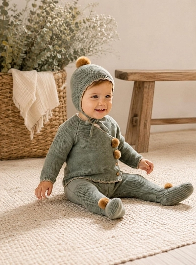 Conjunto unisex de tres piezas Colección Sauce de Lolittos con pompones de pelo natural