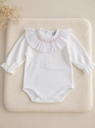 Cotton bodysuit with batiste embroidered collar