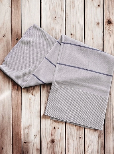 Cream knit shawl with gray stripes. Sonata Collection.