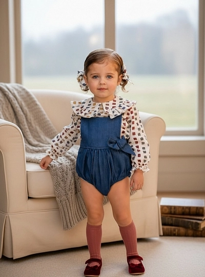 Denim overalls and blouse set for girls, Parchis Collection Denim overalls and blouse set for girls, Parchis Collection
