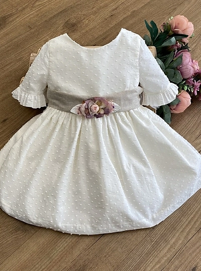 Ecru plumeti flower dress with sand linen bow.