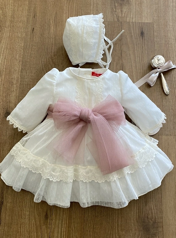 Embroidered tulle dress and bonnet set with pink bow