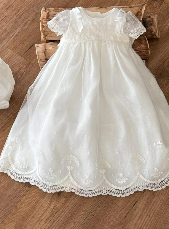 Embroidered tulle skirt and bonnet set Ivory Collection